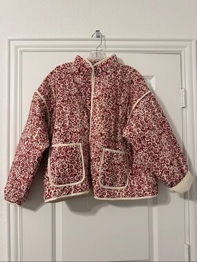 Amazon Red Floral Quilted Puffer Jacket with Cream Trim